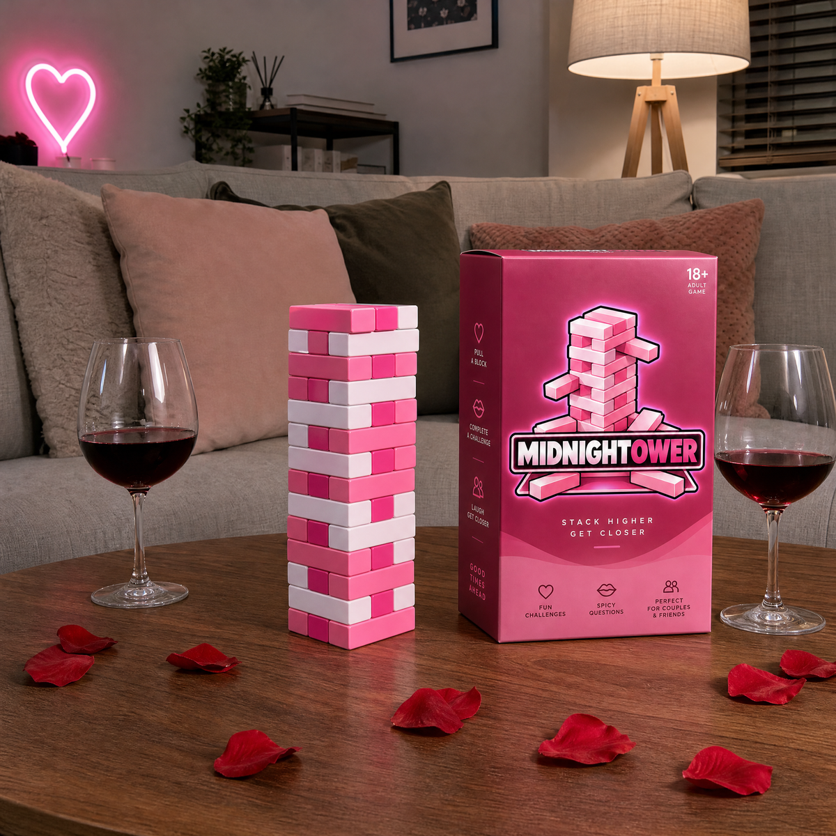 Midnightower set up on a coffee table for date night