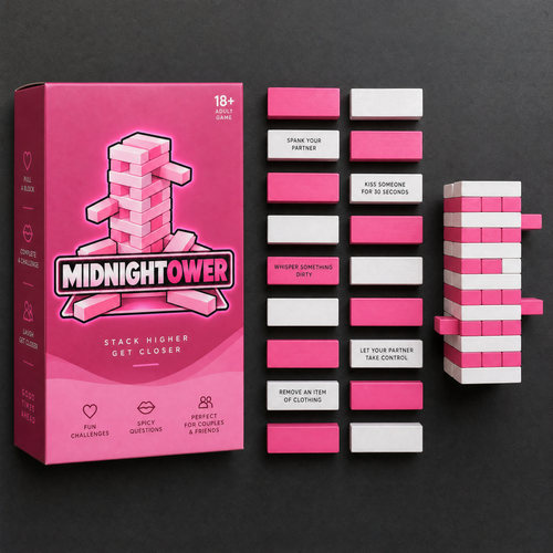 Everything included with Midnightower: the box and the pink and white stacking blocks