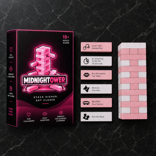 Everything included with Midnightower: the box, the dare blocks and the tower on black marble